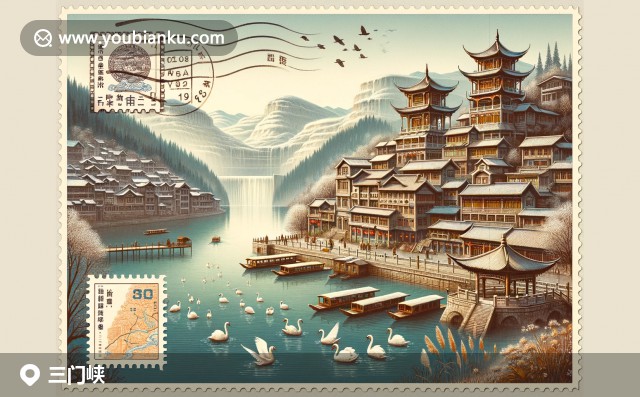 三門峽天鵝湖與地坑院建筑，融入現(xiàn)代明信片元素