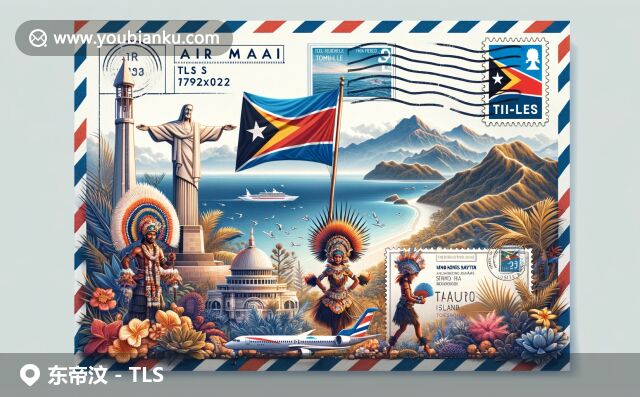 東帝汶文化與郵政的完美融合，展示國(guó)旗、耶穌像和傳統(tǒng)服飾，描繪美麗珊瑚礁與自然風(fēng)光