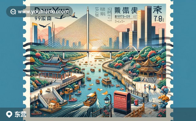 航空信封上的東營風(fēng)光：黃河、勝利油田與廣利河的美麗交匯，配以東營郵票和257100郵政編碼