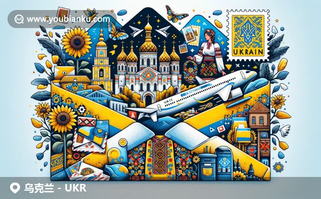 烏克蘭地域特色和郵政元素融合，展現(xiàn)國(guó)旗色彩、圣索菲亞大教堂、黑海標(biāo)志、傳統(tǒng)刺繡衣和向日葵田野