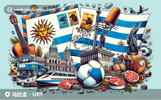 展現(xiàn)烏拉圭郵政與地理文化特色，融合國(guó)旗、雕像和足球元素，彰顯國(guó)家風(fēng)貌與傳統(tǒng)