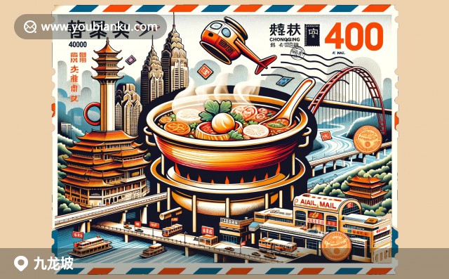 插圖：九龍坡區(qū)標(biāo)志性景觀-紅巖紀(jì)念館、美食辣子雞和長(zhǎng)江索道在創(chuàng)意郵政編碼背景下的藝術(shù)呈現(xiàn)