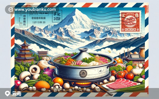 云南風情：玉龍雪山壯麗背景下的火鍋，象征豐富生物多樣性，融入航空郵件元素