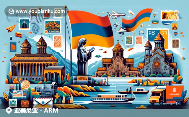 亞美尼亞文化與郵政元素完美融合，描繪國旗、獨(dú)立像、大教堂和Khachkar，生動(dòng)展現(xiàn)塞萬湖與航空郵政形象
