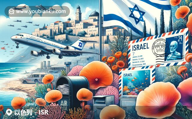 展現(xiàn)以色列文化與自然美景的航空郵件設(shè)計，融合國旗、老城區(qū)和死海圖案
