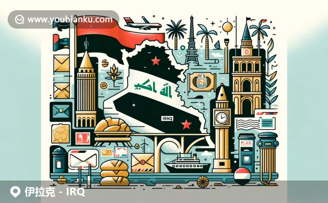 展現(xiàn)伊拉克多元文化與郵政特色，插圖包括國旗、巴格達鐘樓、地圖輪廓、棕櫚樹、馕、明信片、航空信封、郵票、郵筒和郵差