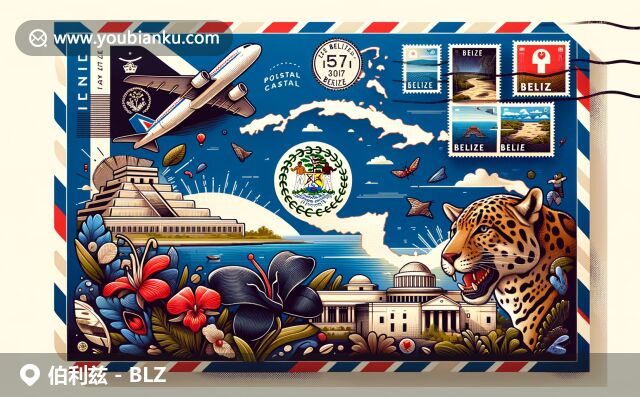 展現(xiàn)伯利茲地域特色與郵政元素，融入標(biāo)志性地標(biāo)和動植物圖案