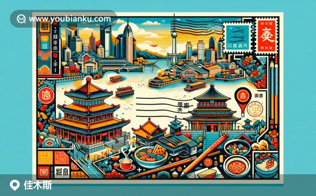 黑龍江佳木斯明信片插圖，展示松江編結(jié)繡、美食和郵政元素