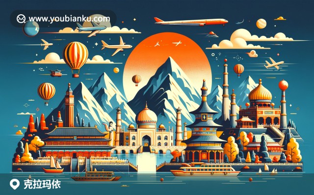 克拉瑪依油田油井、管道與魔鬼城雅丹地貌的現(xiàn)代插畫，展現(xiàn)西部礦業(yè)博物館及中國郵票圖案