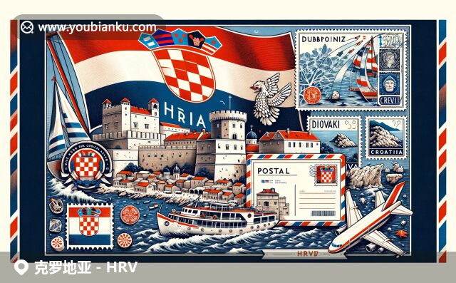 克羅地亞自然風(fēng)光與歷史遺跡相融，展現(xiàn)國(guó)旗、古城墻和海岸線，搭配郵政元素