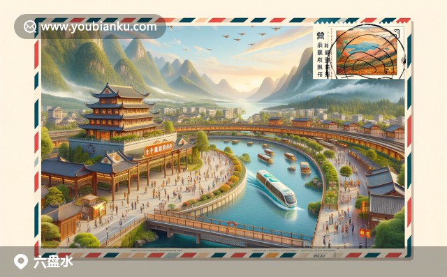六盤水特色元素展示：鐘山風(fēng)景區(qū)的天池、涼都黃粑、盤州老鴨湯與具有地域特色的航空信封