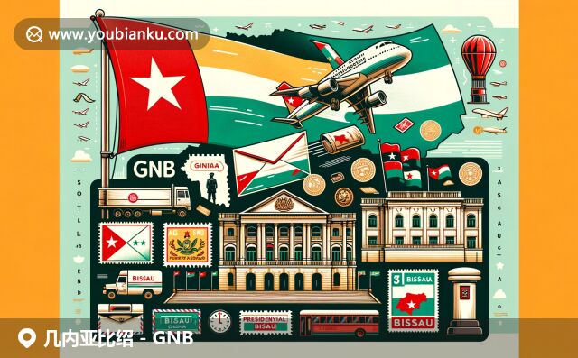 現代插畫展現幾內亞比紹國旗、地圖和總統宮，融合郵政元素如航空信封和郵筒