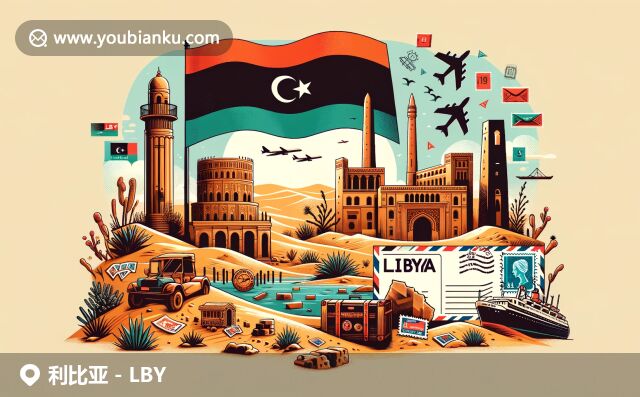 現(xiàn)代插畫：利比亞地域與郵政特色，展現(xiàn)國旗、沙漠風(fēng)景、古羅馬遺址和地中海元素