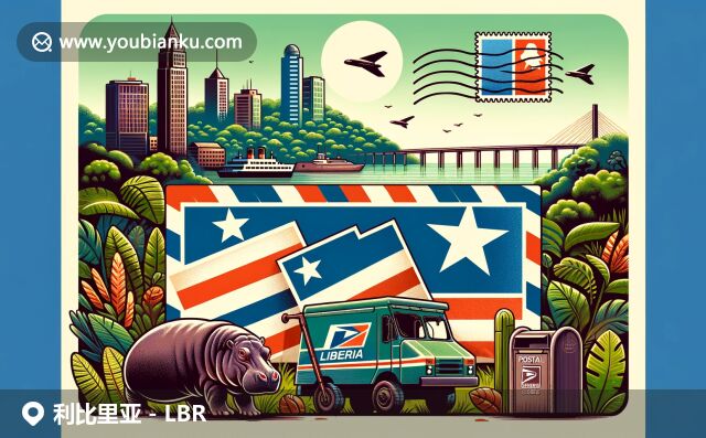 利比里亞郵政編碼頁面設(shè)計(jì)，展現(xiàn)烏里亞國旗、蒙羅維亞天際線和野生動(dòng)物河馬，突出自然和地理特色