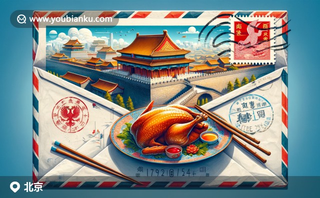 現(xiàn)代創(chuàng)意描繪北京，八達(dá)嶺長城、故宮與北京烤鴨融入郵政主題，展現(xiàn)傳統(tǒng)元素