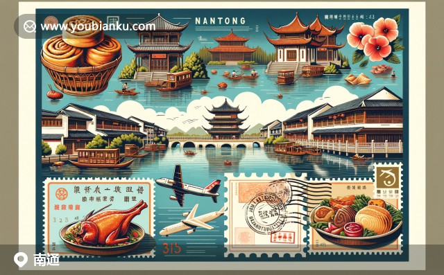 南通濠河風景區(qū)與傳統(tǒng)建筑，美食特產和郵政元素完美融合