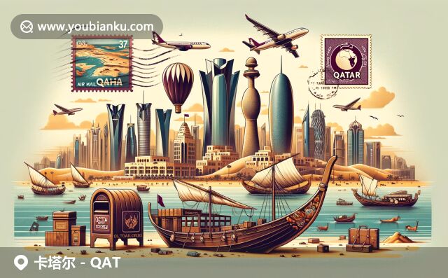 卡塔爾地理、文化元素與郵政特色相融，展示多哈火炬塔、傳統(tǒng)船只與沙漠景觀，呈現(xiàn)豐富海洋遺產(chǎn)與自然環(huán)境