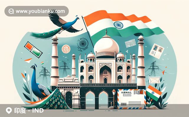 現(xiàn)代印度插畫，展現(xiàn)泰姬陵和孔雀，融合印度文化與郵政元素