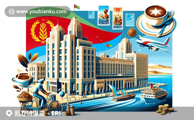 厄立特里亞地域與郵政文化融合，展示阿斯馬拉建筑、紅海海岸和咖啡儀式，郵政元素與文化遺產(chǎn)相映成趣