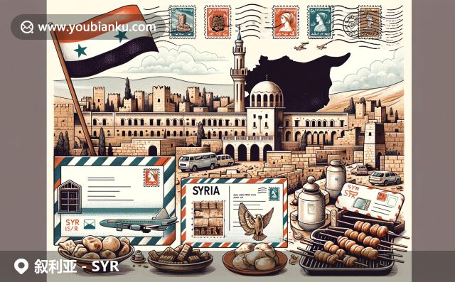敘利亞地標(biāo)與郵政特色的現(xiàn)代插畫，展現(xiàn)國旗、城堡、遺跡和美食，融入明信片與郵票元素