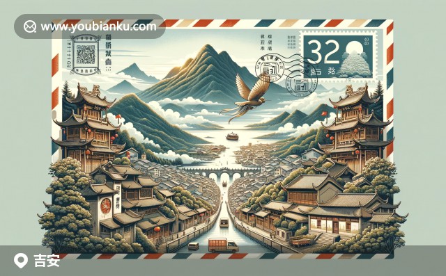 中國傳統(tǒng)郵票與文山寺、井岡山和吉安干茶的現(xiàn)代插畫，展示吉安歷史、文化和特產(chǎn)