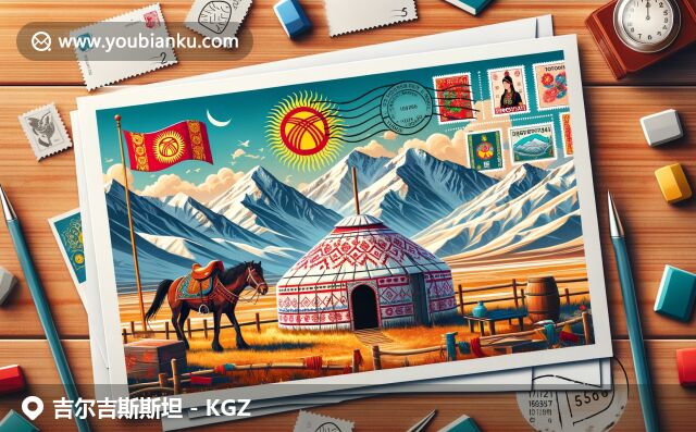 吉爾吉斯斯坦地域特色與郵政元素融合，展示國(guó)旗、蒂恩山山脈、氈房和馬，表現(xiàn)游牧文化