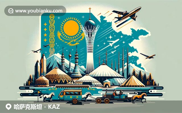 現(xiàn)代插畫(huà)風(fēng)格展現(xiàn)哈薩克斯坦豐富文化，國(guó)旗、地標(biāo)、傳統(tǒng)氈房及草原馬融合于航空郵件信封