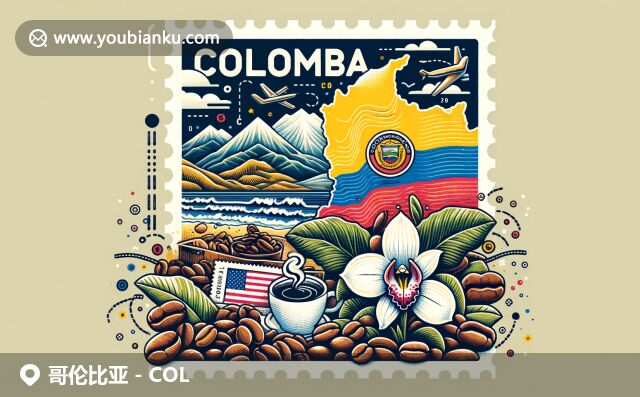 哥倫比亞地理和郵政特色，展現(xiàn)國(guó)旗、咖啡、安第斯山脈、加勒比海灘，現(xiàn)代明信片風(fēng)格