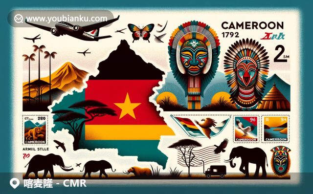 喀麥隆地理和郵政特征的現(xiàn)代插圖，展現(xiàn)國家輪廓、火山、面具和野生動物，融入郵政元素
