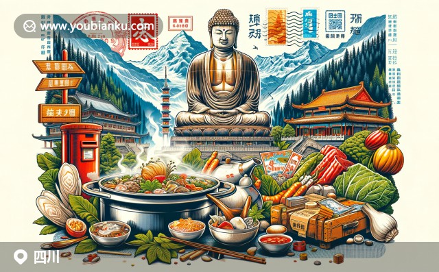 四川文化與郵政元素完美融合，展現(xiàn)九寨溝風(fēng)景、大熊貓和火鍋等特色元素，傳達(dá)郵政傳遞信息的獨(dú)特魅力