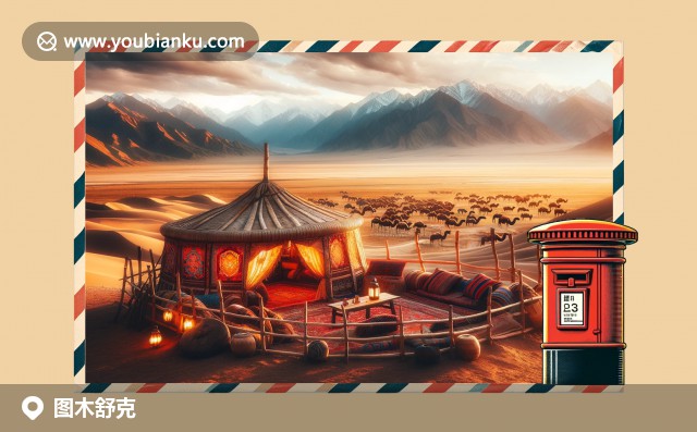 沙漠邊緣的維吾爾族廚師烤全羊，帳篷環(huán)繞，天山山脈輪廓