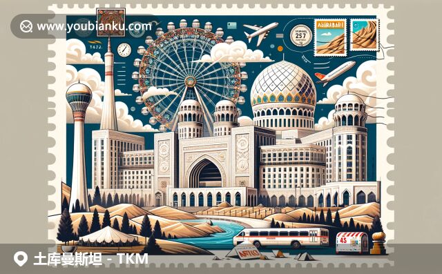 土庫曼斯坦地理文化與郵政元素完美融合，展現(xiàn)阿什哈巴德建筑、地毯和沙漠，描繪明信片與郵票