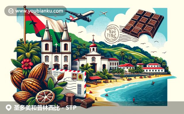 描繪圣多美和普林西比豐富地域特色與郵政元素的現(xiàn)代插畫