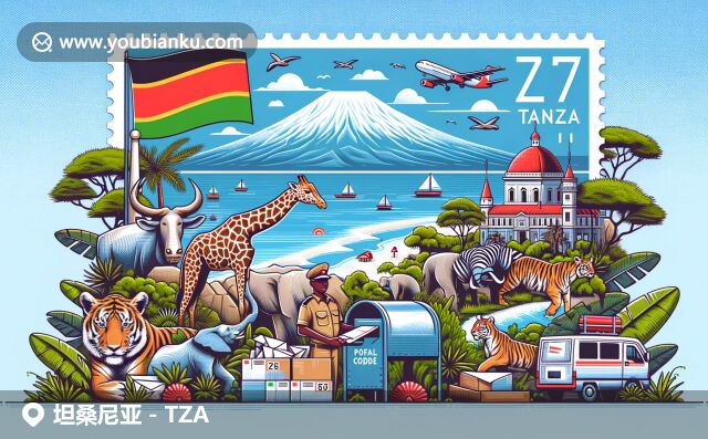 坦桑尼亞自然與文化的結(jié)合，展現(xiàn)國家公園、海灘和國旗，體現(xiàn)坦桑尼亞郵政特色