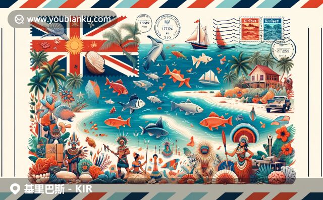 基里巴斯文化與自然之美，展現(xiàn)國(guó)旗、海灘、椰子樹與傳統(tǒng)舞蹈，符合現(xiàn)代插畫風(fēng)格