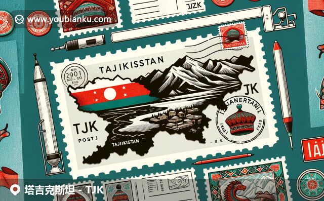 現(xiàn)代風(fēng)格詮釋塔吉克斯坦郵政網(wǎng)頁特色，塔吉克斯坦地圖輪廓蘊(yùn)涵帕米爾高原或伊斯坎德爾庫勒湖，傳統(tǒng)帽飾、國旗色彩與郵政元素巧妙融合