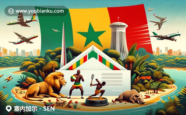 塞內(nèi)加爾文化融合，展現(xiàn)郵政元素與國(guó)旗色彩，體現(xiàn)非洲傳統(tǒng)摔跤和動(dòng)植物特征