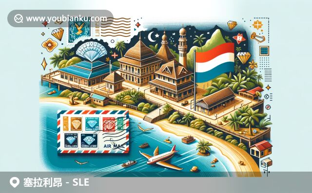 展現(xiàn)塞拉利昂豐富文化與郵政特色，描繪多彩郵票、郵戳與傳統(tǒng)建筑