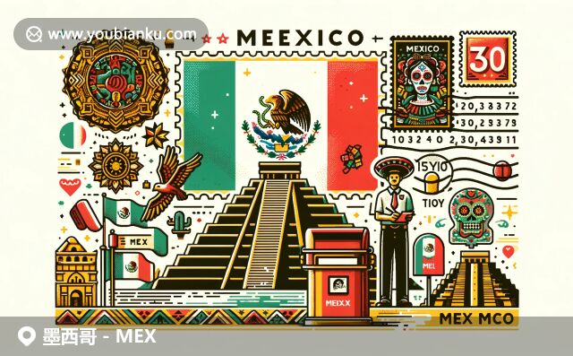 墨西哥國旗、奇琴伊察金字塔和亡靈節(jié)文化元素，與郵政編碼和特色郵筒的結(jié)合展現(xiàn)墨西哥特色