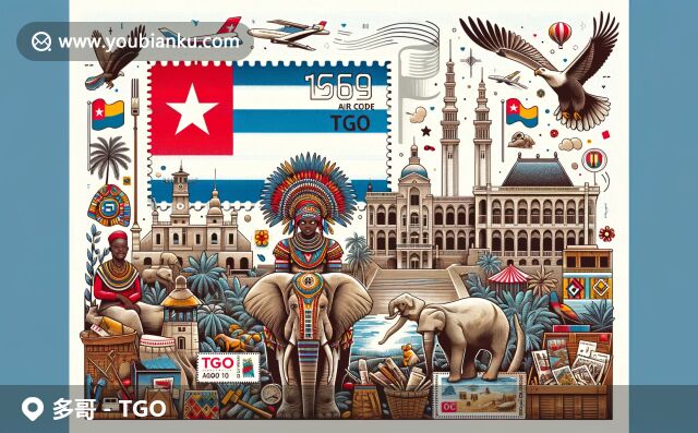 多哥地標(biāo)、面具、野生動(dòng)物和航空郵政元素，展現(xiàn)多元文化與自然風(fēng)光