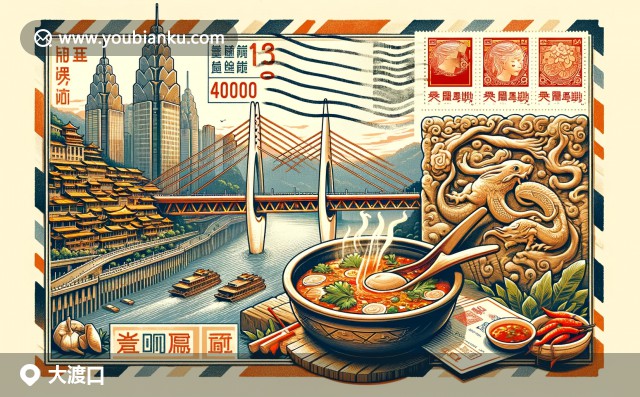 重慶市大渡口區(qū)郵票風格插圖：朝天門大橋、火鍋與大足石刻，400000郵政編碼的融合展示