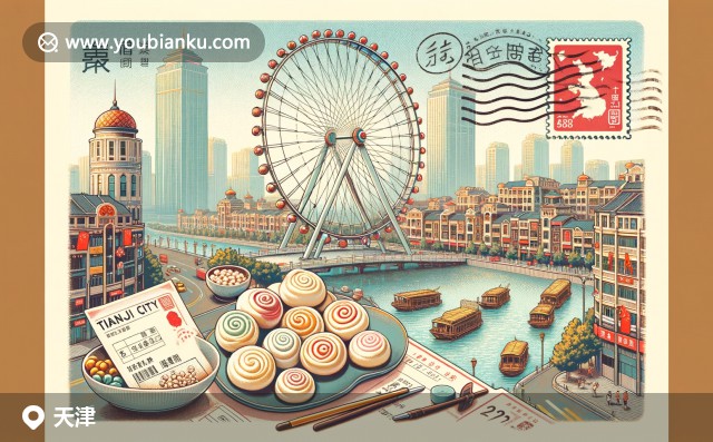 展現(xiàn)天津地域特色與郵政元素，橋梁、郵票與楊柳青年畫交融