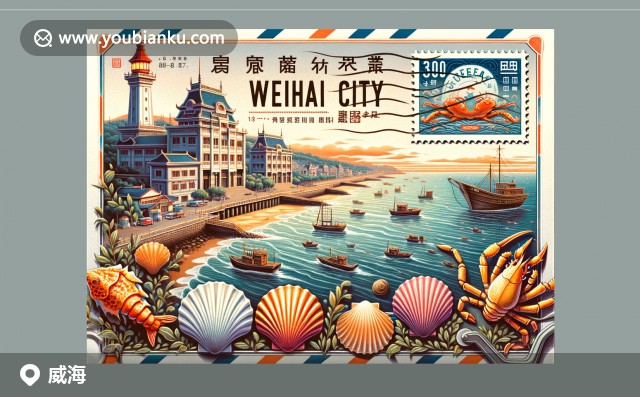 威海文化與自然景觀的完美融合，展現(xiàn)環(huán)翠樓、成山頭景區(qū)和當(dāng)?shù)靥厣ｕr蝦醬，融入航空郵件元素
