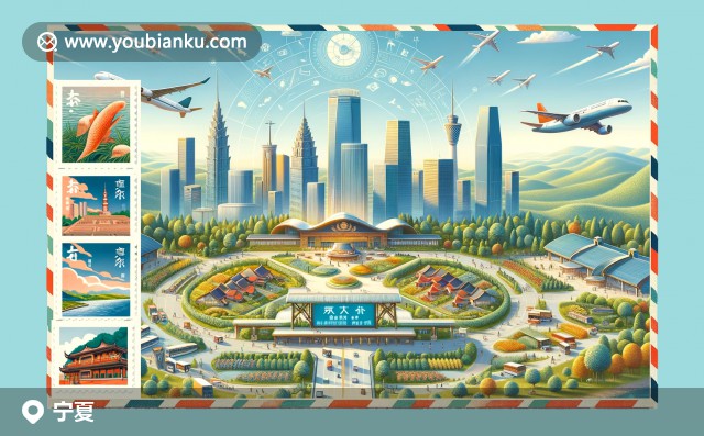 展現(xiàn)寧夏風光和郵政元素結合，賀蘭山、葡萄園和枸杞田在航空信封上，銀川西夏王陵和沙坡頭郵票展示歷史文化和自然景觀