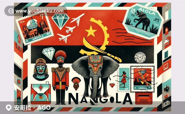 安哥拉文化與郵政主題的融合，展示黑石山、非洲象和傳統(tǒng)面具，突出鉆石和地標(biāo)符號(hào)