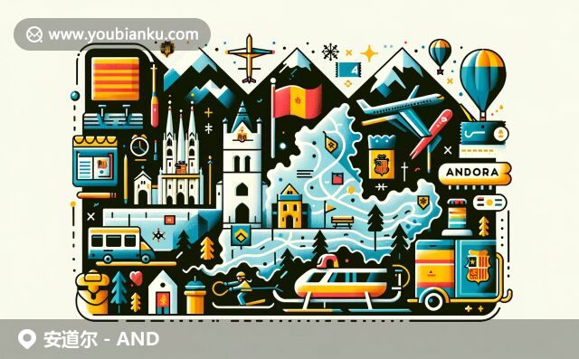 現(xiàn)代插圖展示安道爾特色：地圖輪廓、山脈風(fēng)景、圣斯蒂芬教堂、滑雪元素和郵政符號