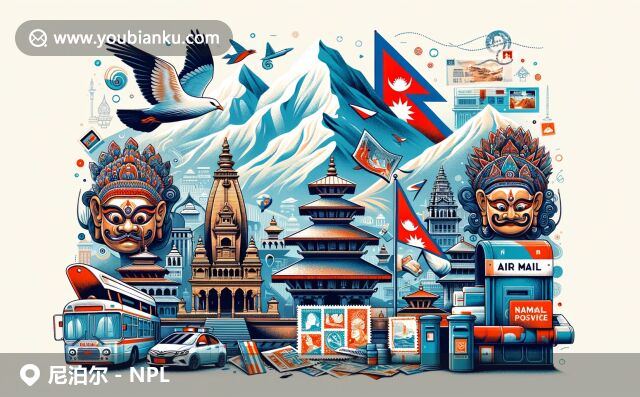 尼泊爾地理特色與郵政元素完美結(jié)合，展現(xiàn)喜馬拉雅山脈和珠穆朗瑪峰，傳統(tǒng)面具和國(guó)家鳥(niǎo)丹頂鶴，還有杜巴廣場(chǎng)古典建筑