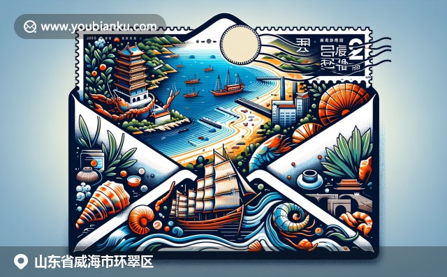 威海海岸線與郵政元素相結(jié)合，展現(xiàn)劉公島、海鮮美食與傳統(tǒng)帆船