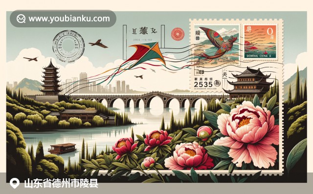 山東陵縣古橋、牡丹花、傳統(tǒng)風(fēng)箏與郵政元素相融，展現(xiàn)地方文化與現(xiàn)代郵政特色