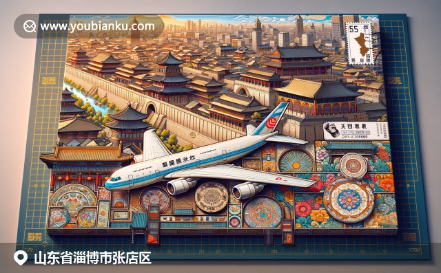 淄博張店區(qū)古城墻與現(xiàn)代航空郵政元素交相輝映，融合傳統(tǒng)陶瓷工藝